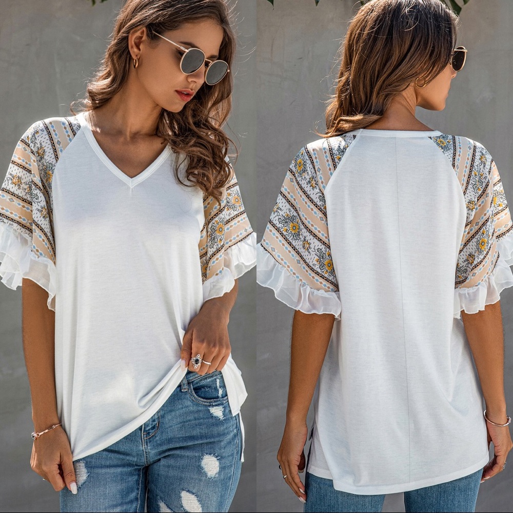 ♦️🆕 Half Ruffled Sleeve V Neck Top White